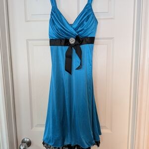 Blue Satin Fit-and-Flare Dress with Black Ribbon Detail